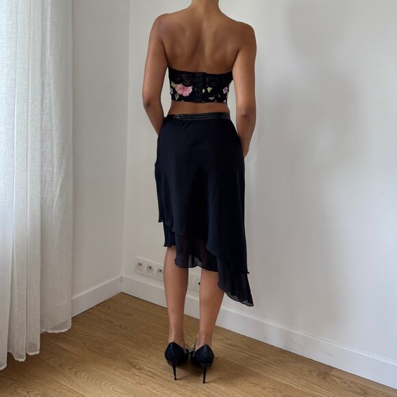Vintage 90s Italian Black Floral Bustier Crop Top with Lace Trim (S, C cup) - Picture 7 of 12